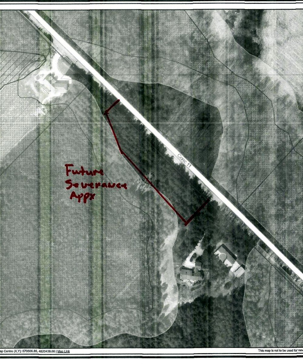 Grand River Conservation Authority web mapping of the property with the approximate future severance area outlined in red along Concession 11