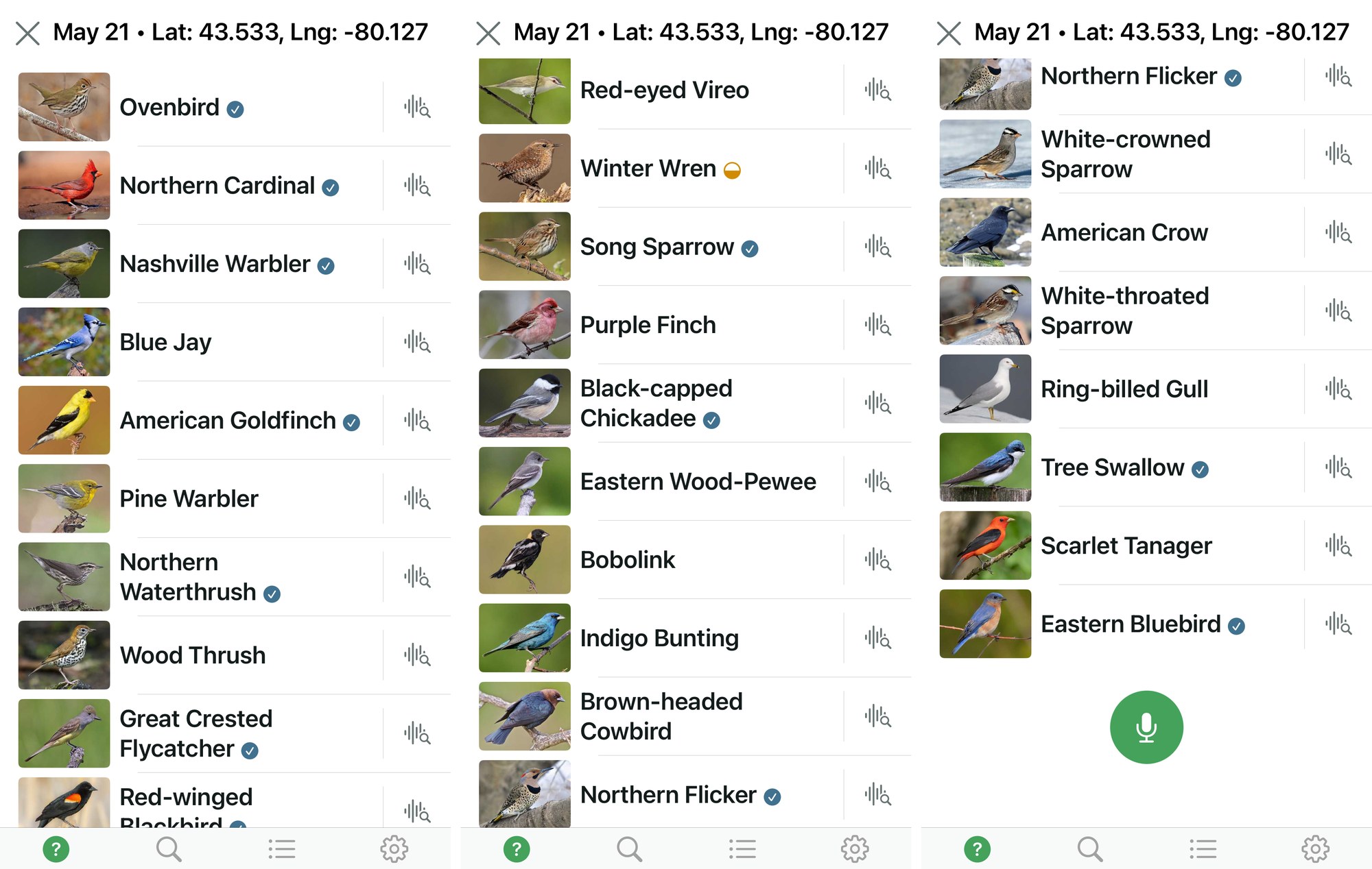 The owners' Merlin bird identification app record for 21 May at the property, listing twenty-seven species identified by song