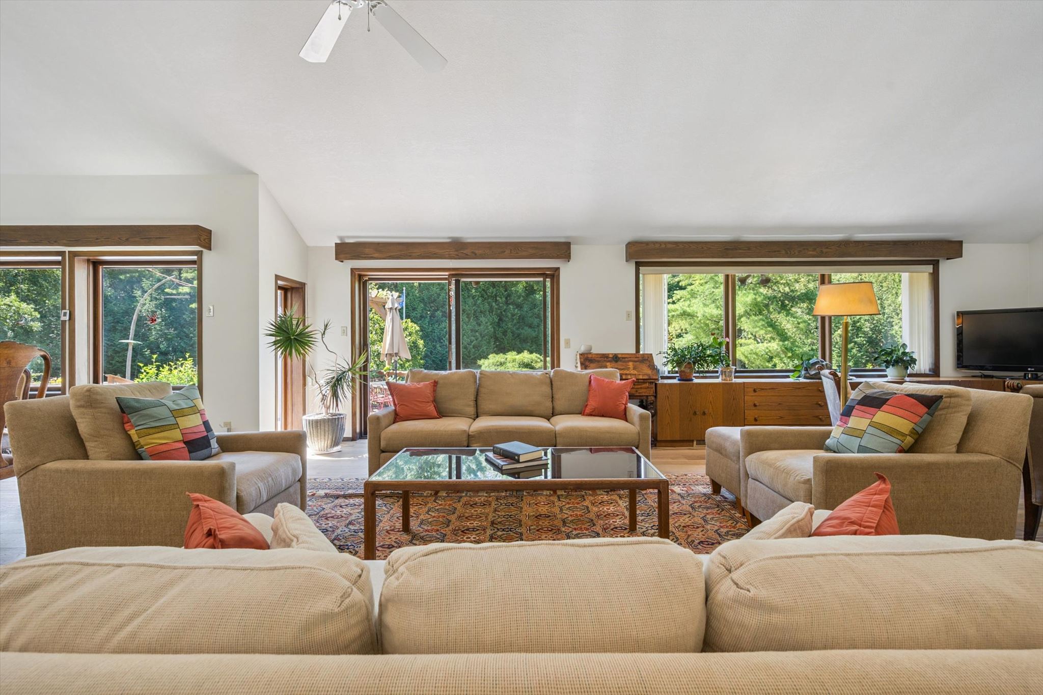 Seating grouped beneath the vaulted ceiling