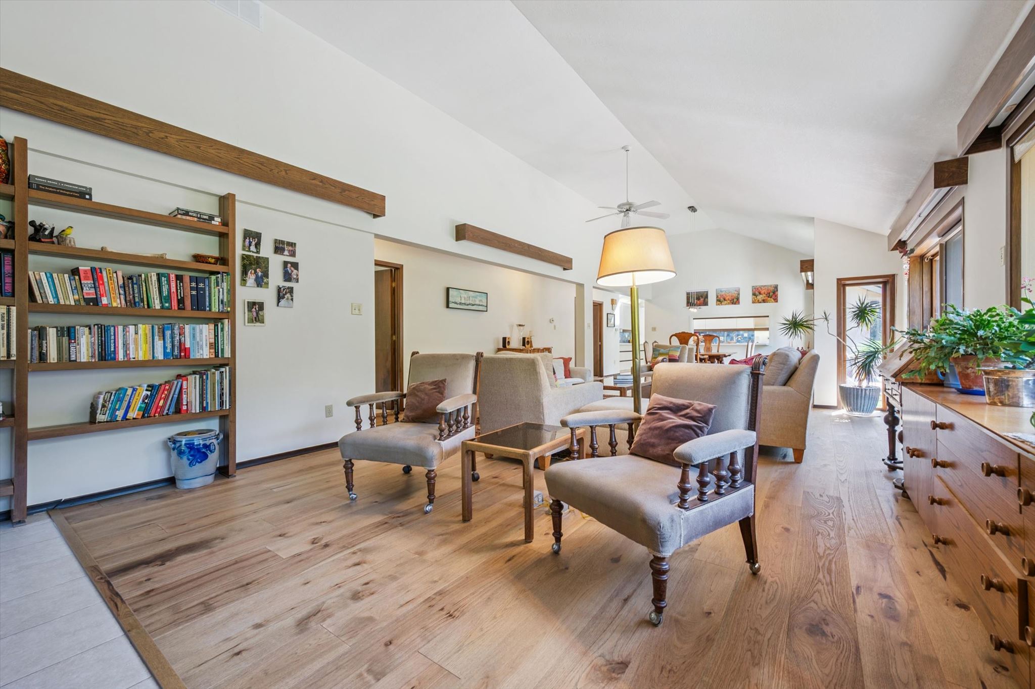The library end of the 40-foot living and dining room
