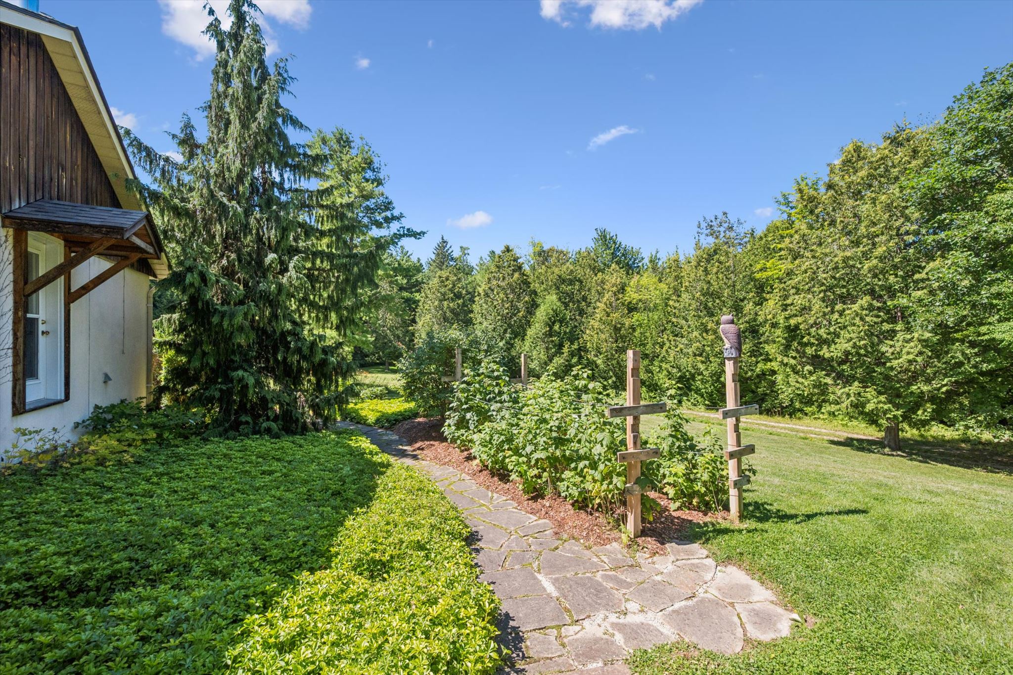 Flagstone path past the outbuilding, a mown trail leading into the trees